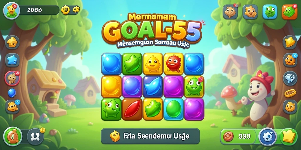 Screenshot GOAL55 menunjukkan gameplay seru Match-3 yang penuh warna.