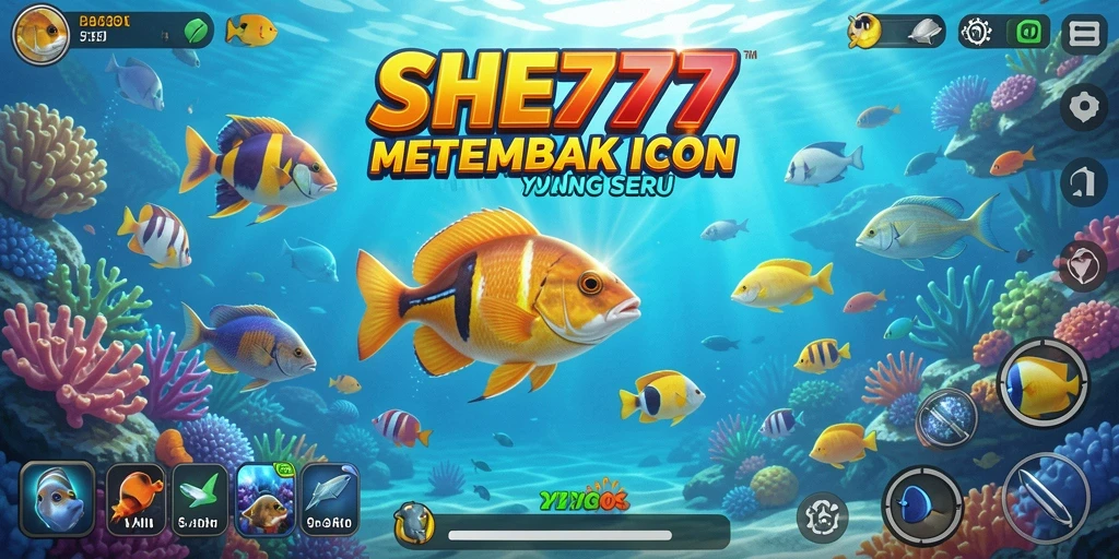 Screenshot gameplay SHE777 menampilkan aksi menembak ikan yang mendebarkan.