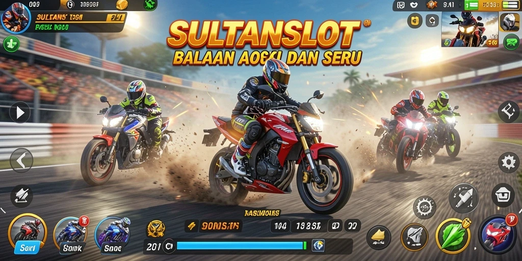 Screenshot utama SULTANSLOT menunjukkan aksi balapan motor yang mendebarkan.