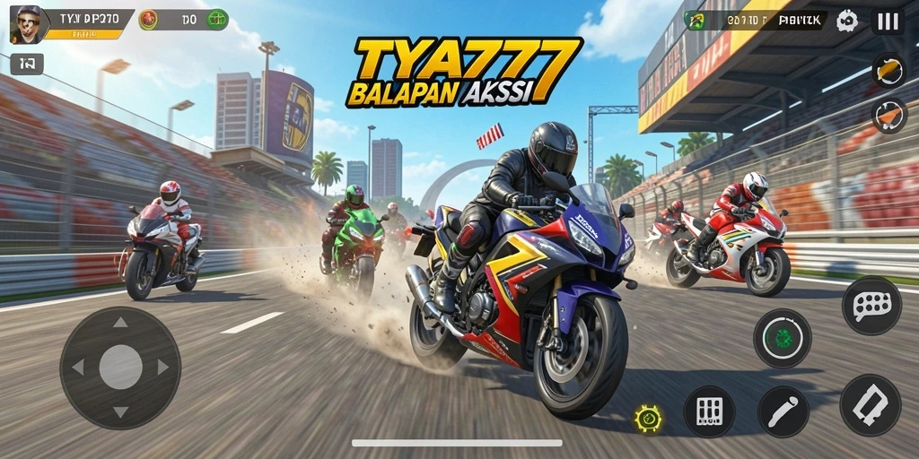 Tampilan gameplay TYA777 dengan aksi balapan motor yang mendebarkan.